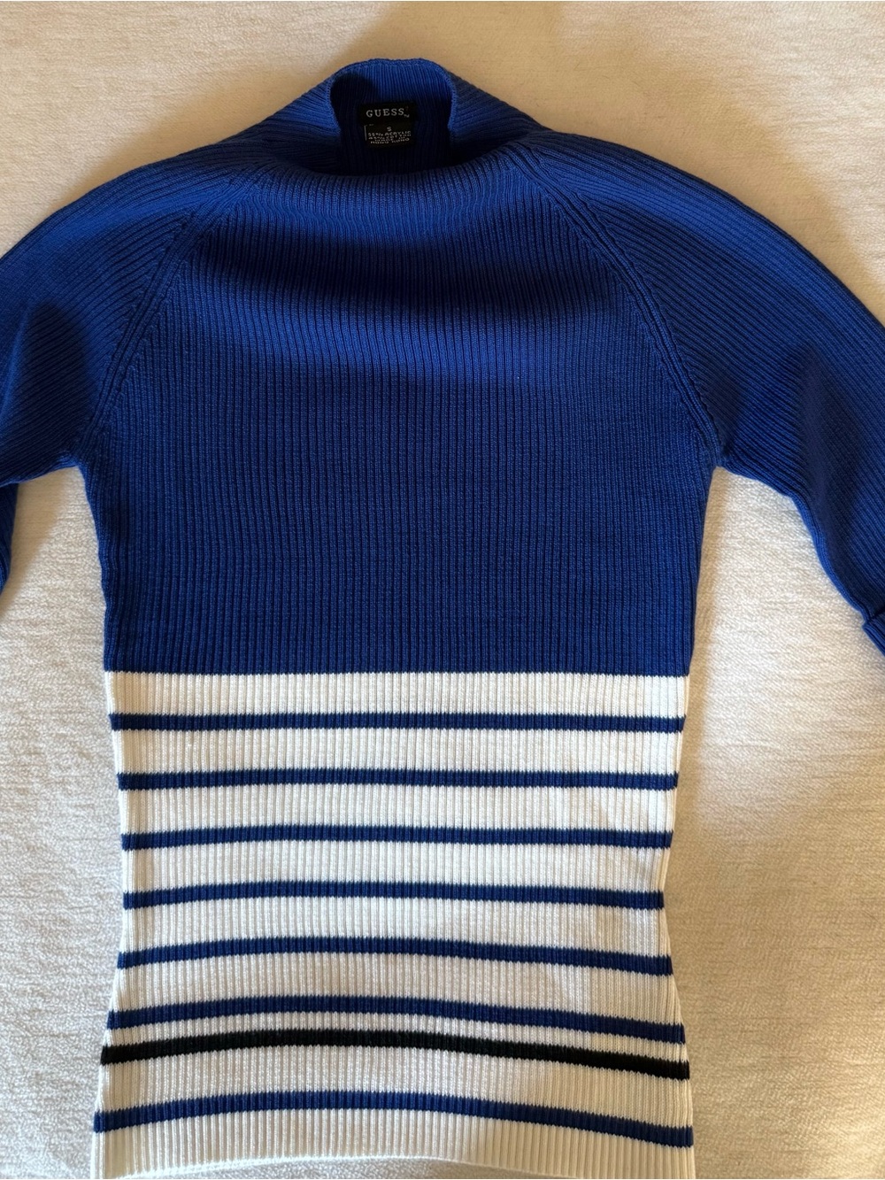 GUESS Women’s Blue and White Striped Mock Turtleneck Sweater